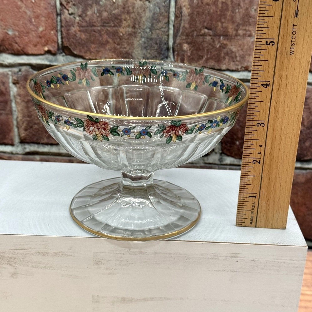 Vintage Glass Compote Pedestal Bowl UV REACTIVE‎ Maganese Hand-Painted Floral - Picture 6 of 8